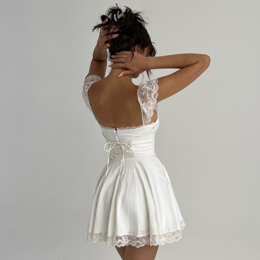 Square Neck Puff Sleeve Lace Insert Fit and Flare Mini Dress