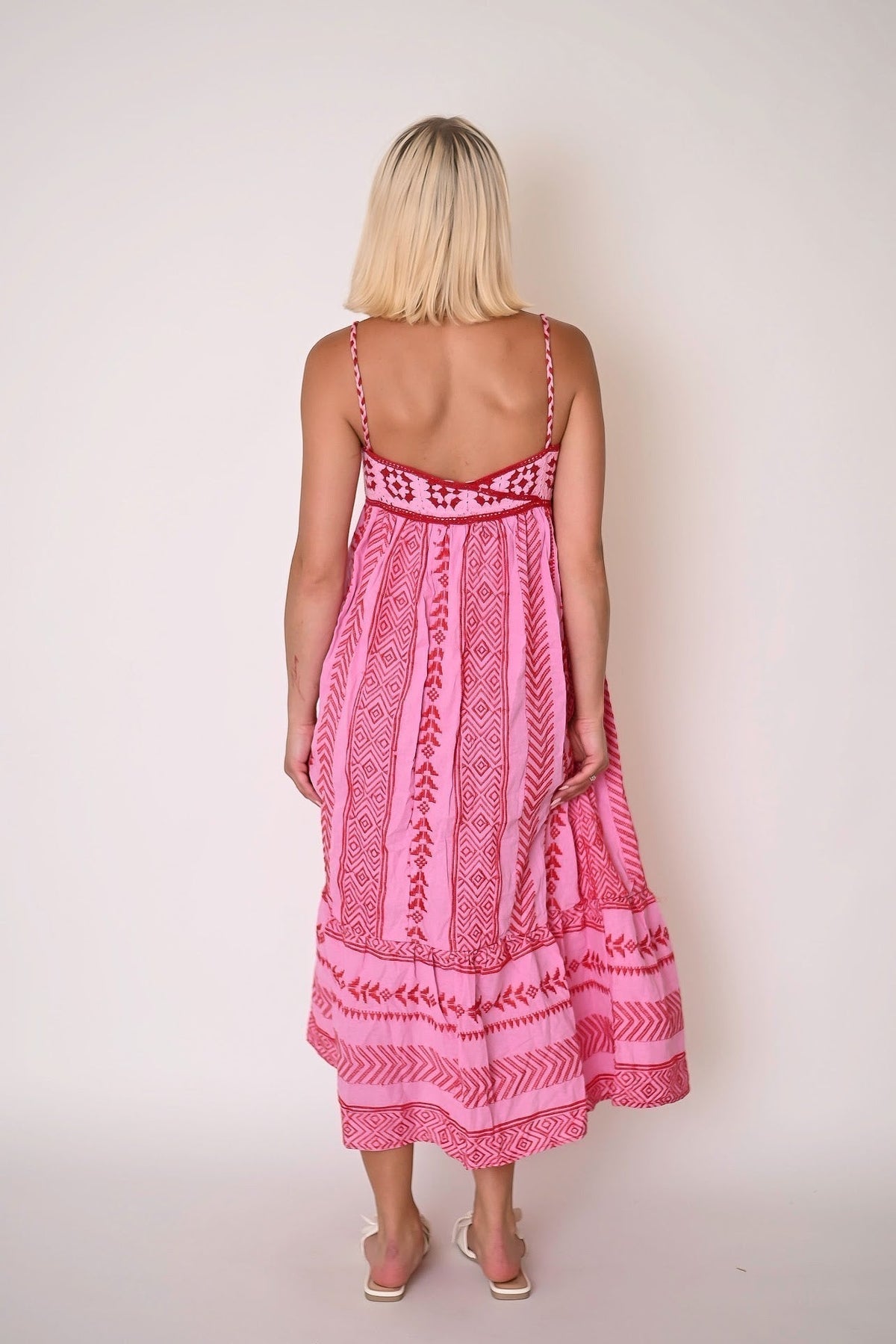 Sweetheart Lace Up Tassel Empire Waist Geometric Embroidered Tiered Midi Dress 3