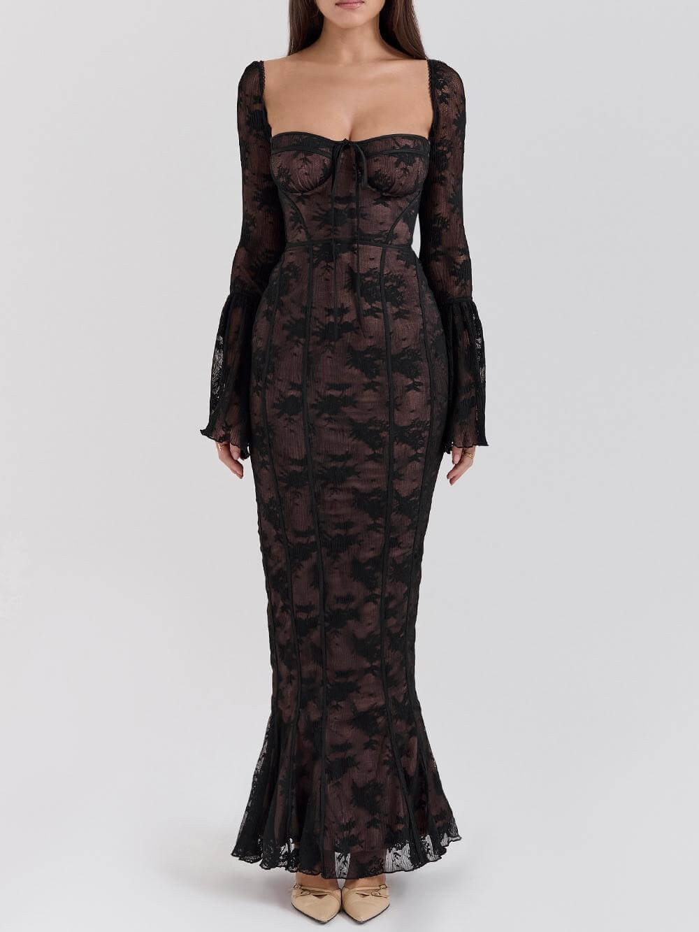 Square Neck Corset Underwire Lace Bell Sleeve Mermaid Maxi Dress