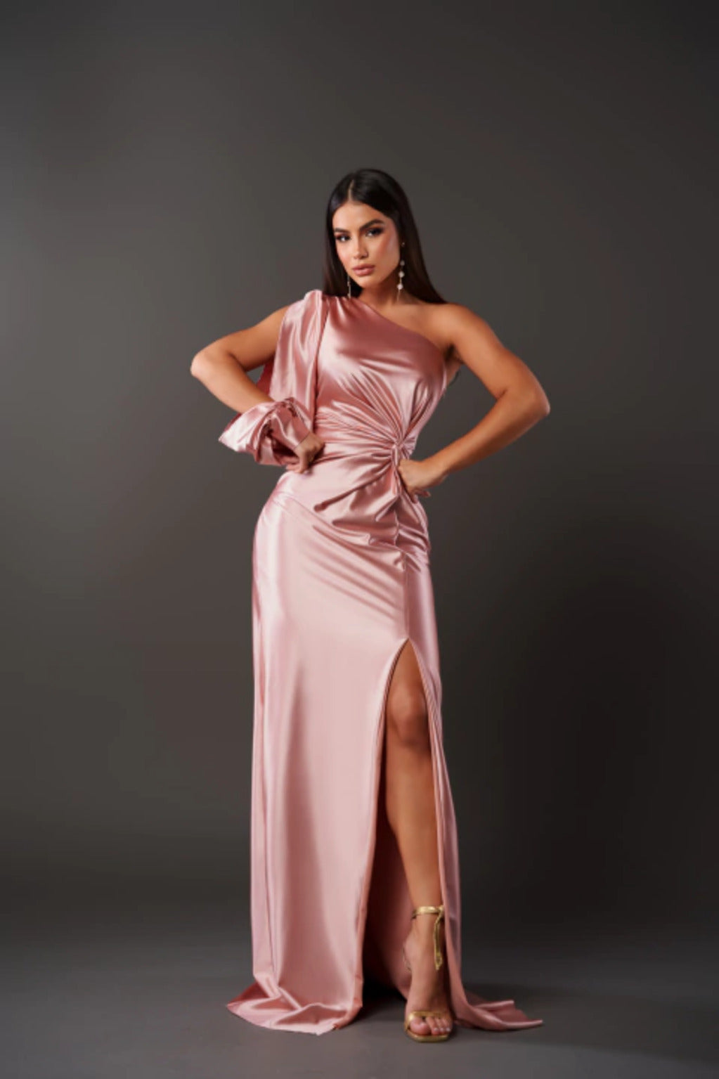 One Shoulder Draped Sleeve Ruched Waist High Slit Satin Maxi Dress 8