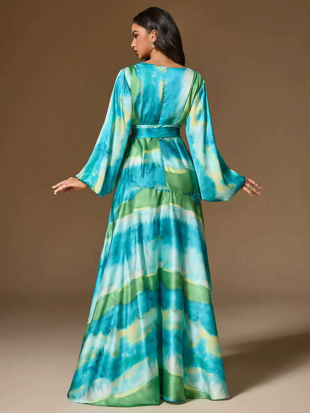 Watercolor Stripe Print Halter Neck Bishop Sleeve Tie Waist Slit Maxi Dress 5