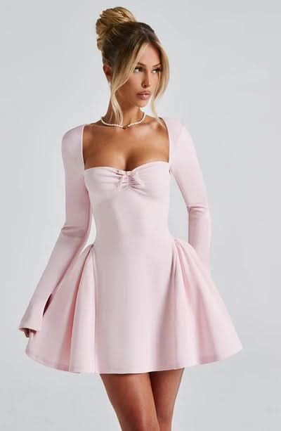 Sweetheart Neck Bow Detail Long Sleeve Fit And Flare Mini Dress 6