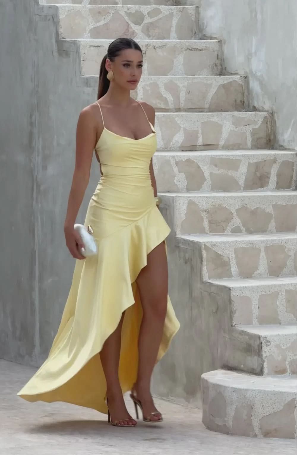 Spaghetti Strap High Low Ruffle Hem Side Slit Bodycon Maxi Dress 50