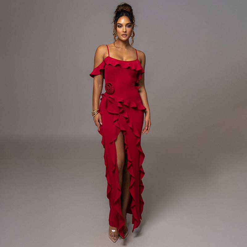 Spaghetti Strap Ruffle Trim Cold Shoulder Waist Rosette Front Slit Maxi Gown