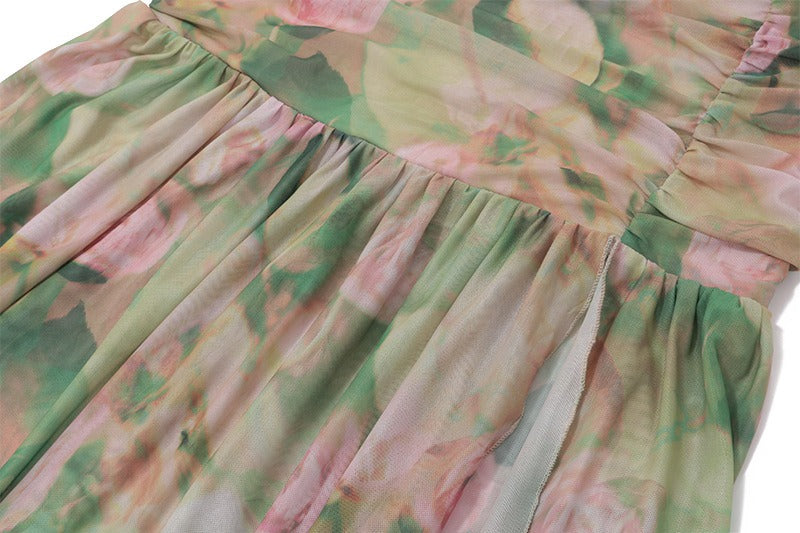 Floral Print Corset Bodice Halter Tie Ruched Waist Side Slit Maxi Dress 6