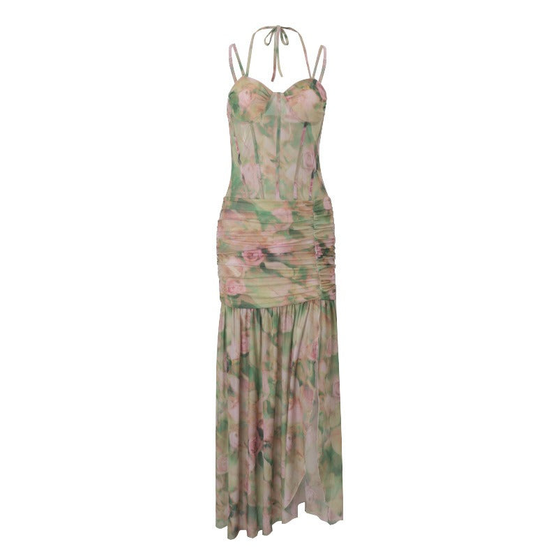 Floral Print Corset Bodice Halter Tie Ruched Waist Side Slit Maxi Dress