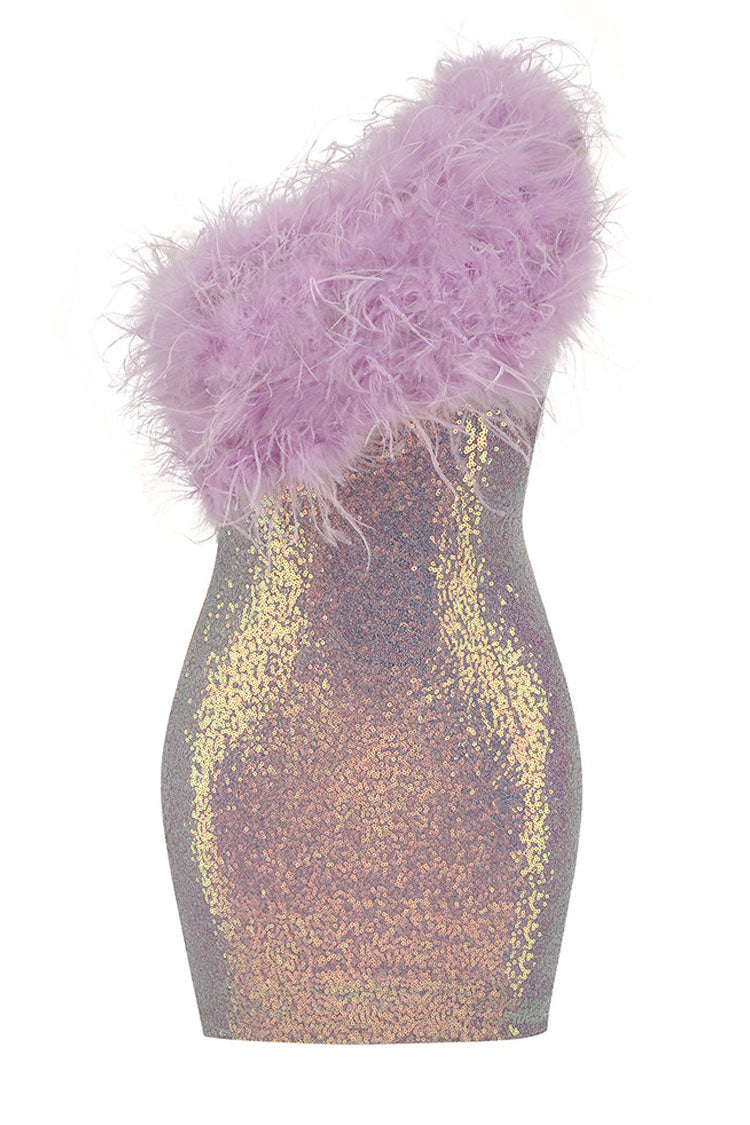 One Shoulder Feather Trim Sequin Bodycon Mini Dress 3
