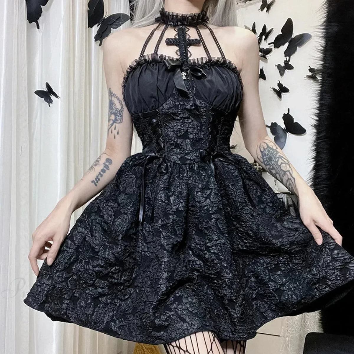 Gothic Cross Halter Ruffle Choker Lace-Up Corset Waist Jacquard Flared Mini Dress