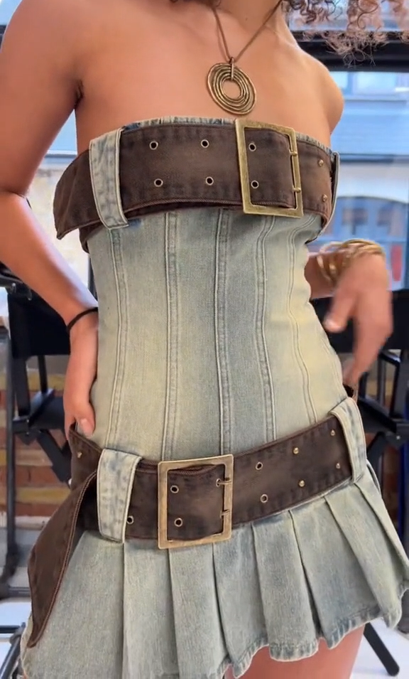 Strapless Double Buckle Belt Pleated Denim Corset Mini Dress 3