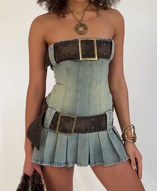 Strapless Double Buckle Belt Pleated Denim Corset Mini Dress 2