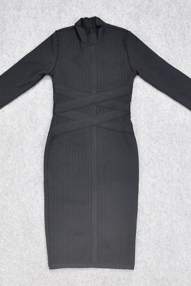 Classic Black Mock Neck Ribbed Criss Cross Waist Long Sleeve Bodycon Midi Dress 9