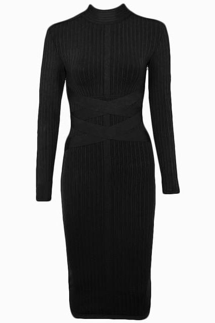 Classic Black Mock Neck Ribbed Criss Cross Waist Long Sleeve Bodycon Midi Dress 2