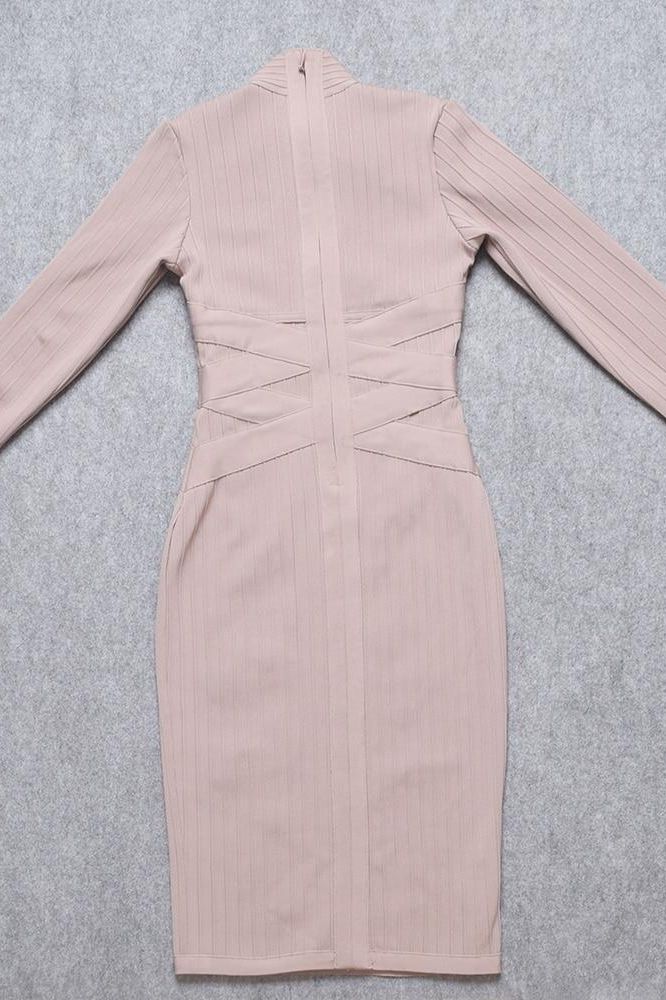 Nude Mock Neck Ribbed Criss Cross Waist Long Sleeve Bodycon Midi Dress 9
