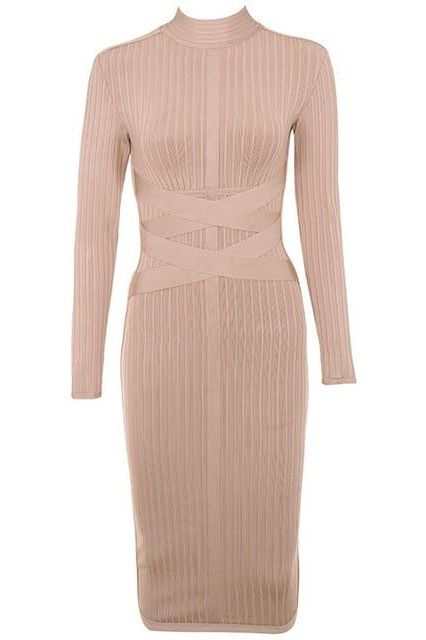Nude Mock Neck Ribbed Criss Cross Waist Long Sleeve Bodycon Midi Dress 2