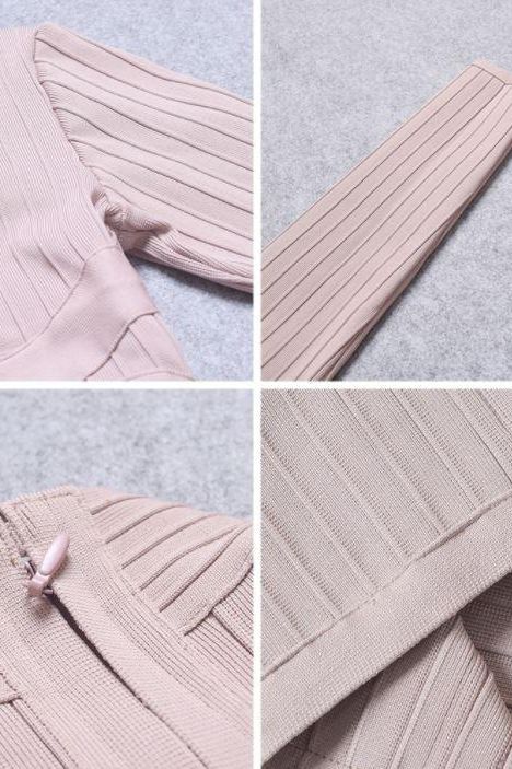 Nude Mock Neck Ribbed Criss Cross Waist Long Sleeve Bodycon Midi Dress 10