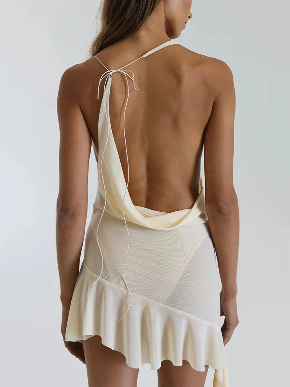 Cowl Neck Halter Asymmetrical Cascading Ruffle Hem Mini Dress 6