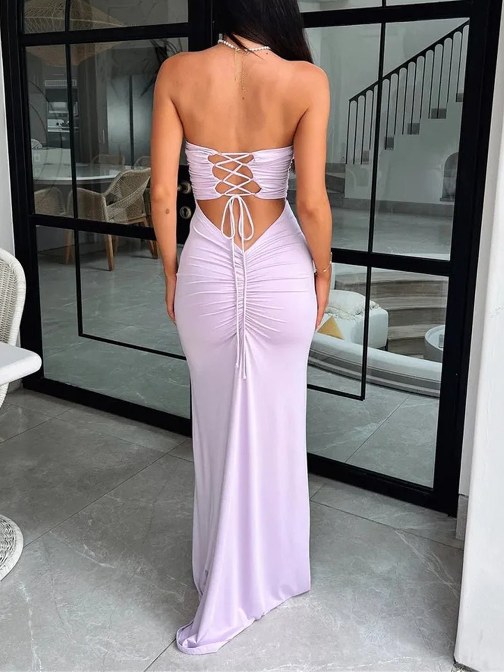 Strapless Horizontal Ruched Waist Bodycon Column Maxi Dress 9