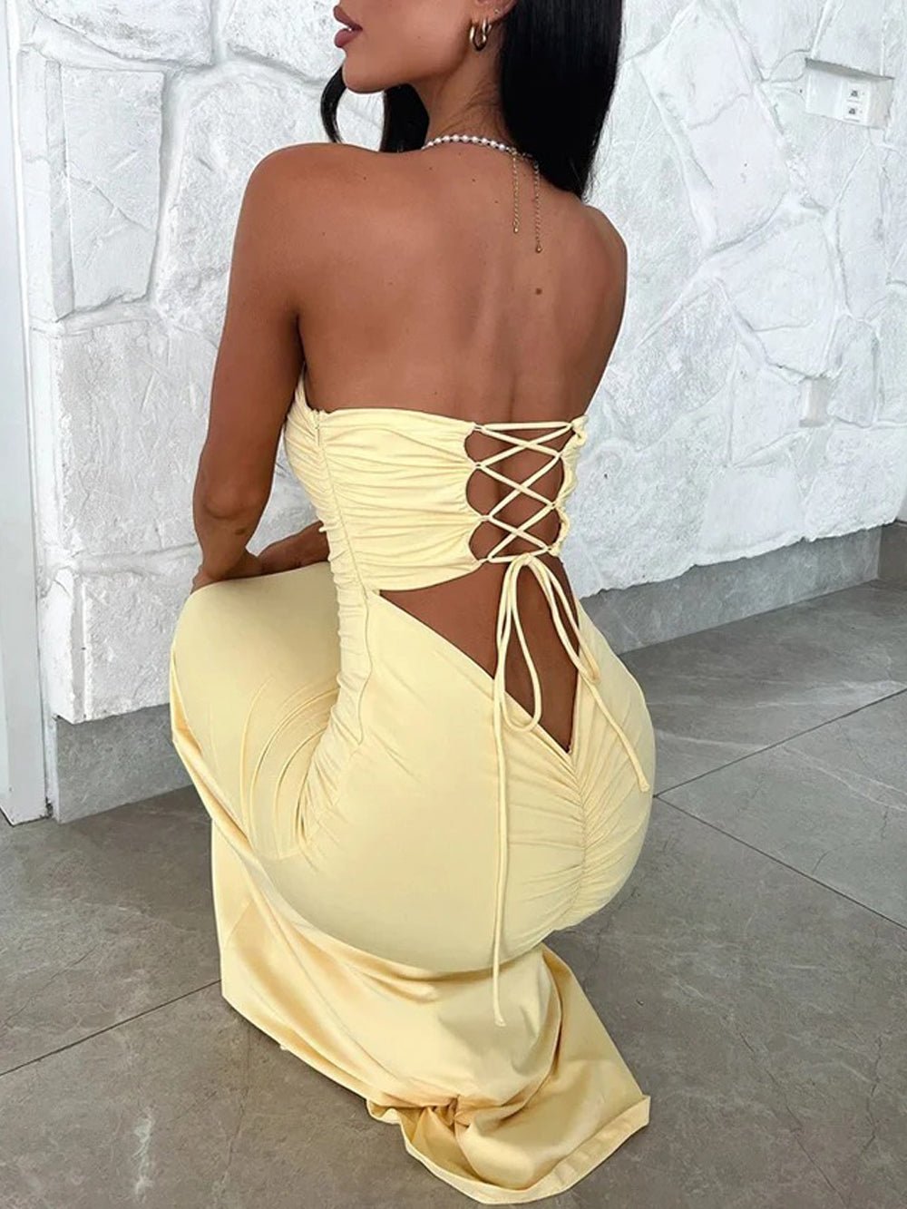 Strapless Horizontal Ruched Waist Bodycon Column Maxi Dress 3