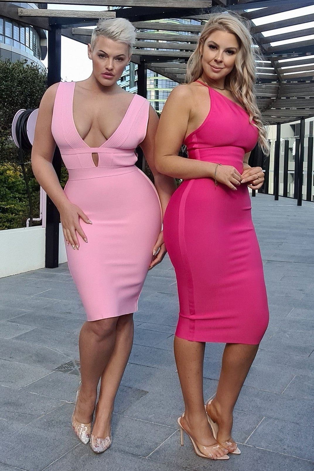 Nude Bandage Deep V-Neck Ribbed Bodice Cut Out Midi Dress 8