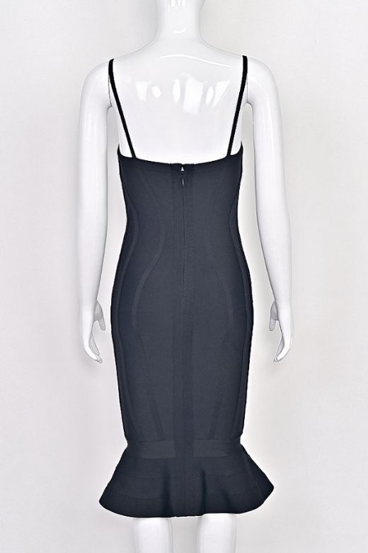 Classic Black Bandage Spaghetti Strap Sweetheart Bustier Mermaid Hem Midi Dress 13