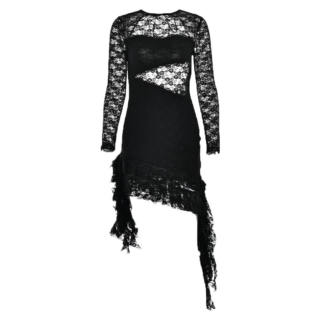 Lace Sweetheart Cutout Long Sleeve Asymmetric Ruffle Hem Mini Dress 2