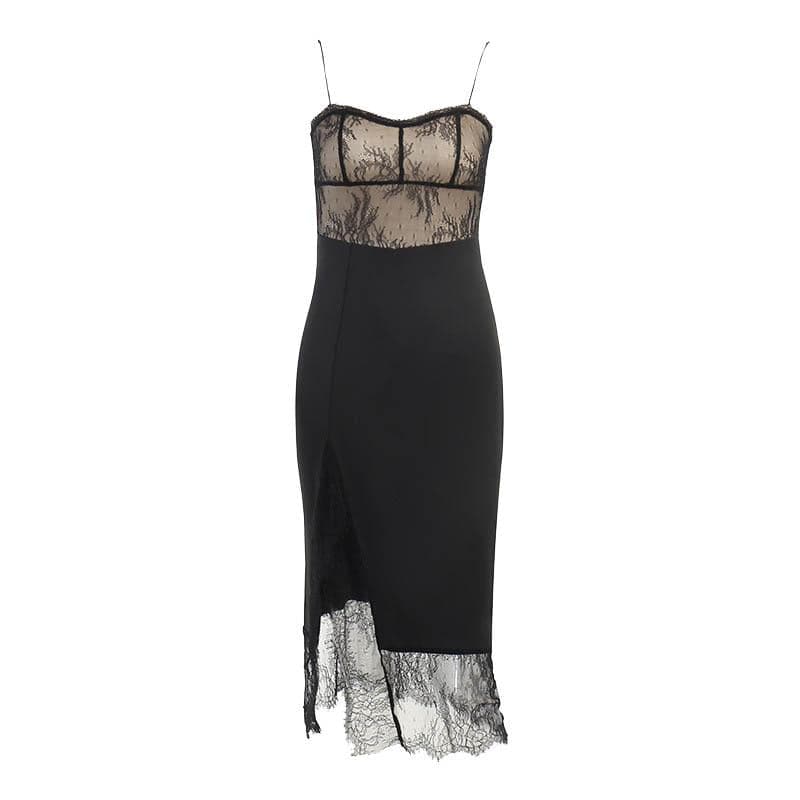 Lace Bodice Spaghetti Strap High Side Slit Eyelash Lace Hem Midi Dress