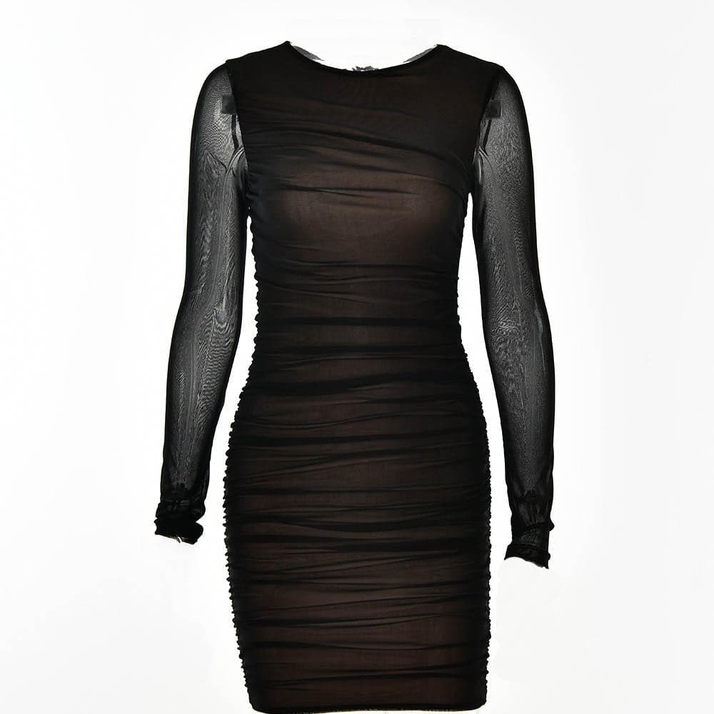 Crew Neck Sheer Mesh Long Sleeve Horizontal Ruched Bodycon Mini Dress