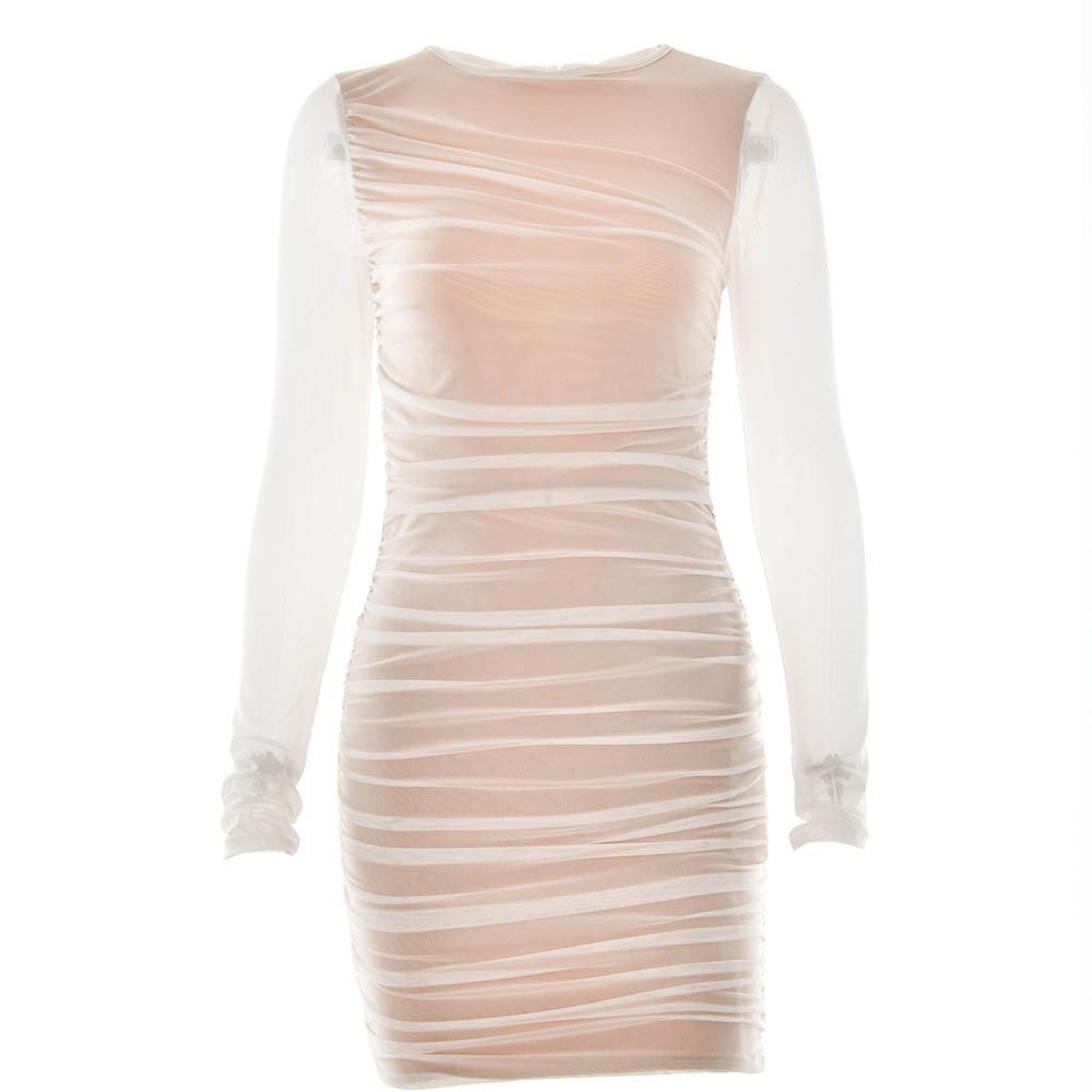 Crew Neck Sheer Mesh Long Sleeve Horizontal Ruched Bodycon Mini Dress 2