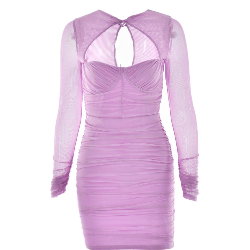 Twist Neck Mesh Sleeve Chest Cutout Ruched Bodycon Mini Dress 2