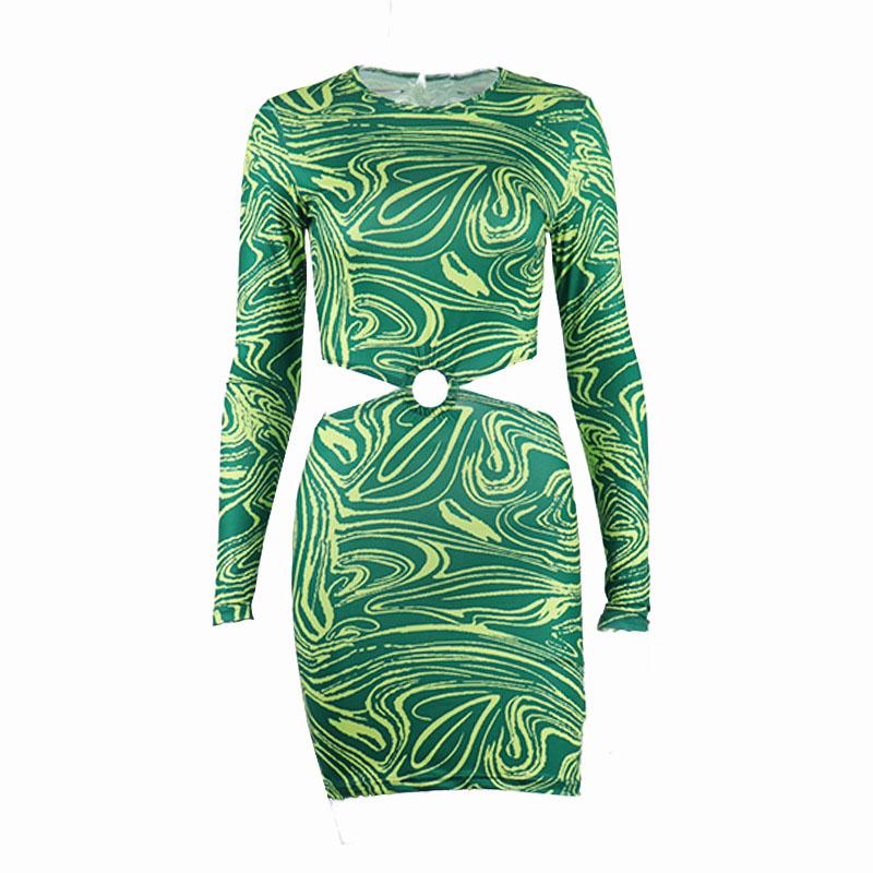 Crew Neck Long Sleeve Side Waist Cutout O-Ring Bodycon Mini Dress