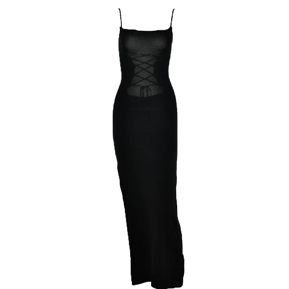 Square Neck Spaghetti Strap Lace Up Front Cutout Bodycon Maxi Dress