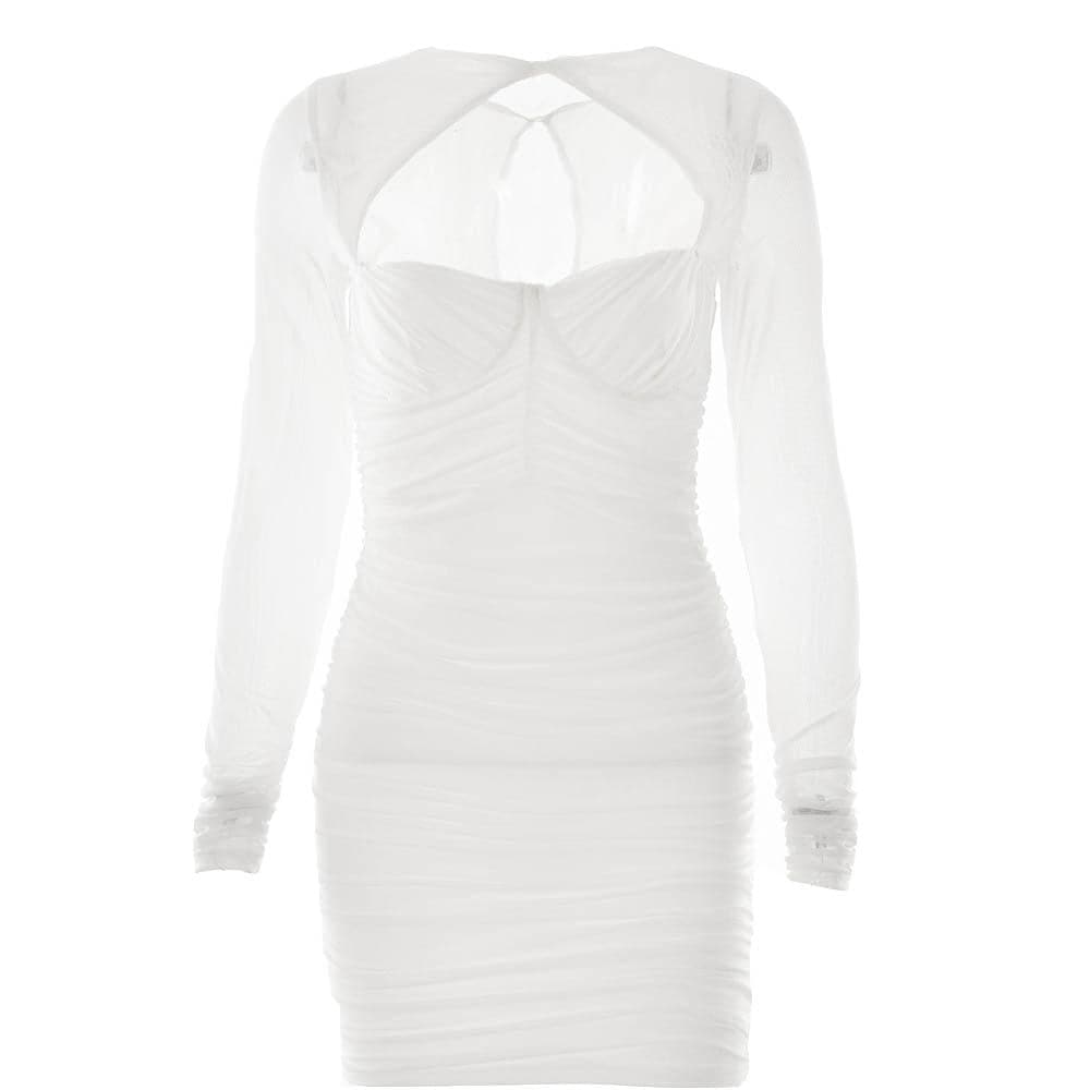 Twist Neck Mesh Sleeve Chest Cutout Ruched Bodycon Mini Dress 9