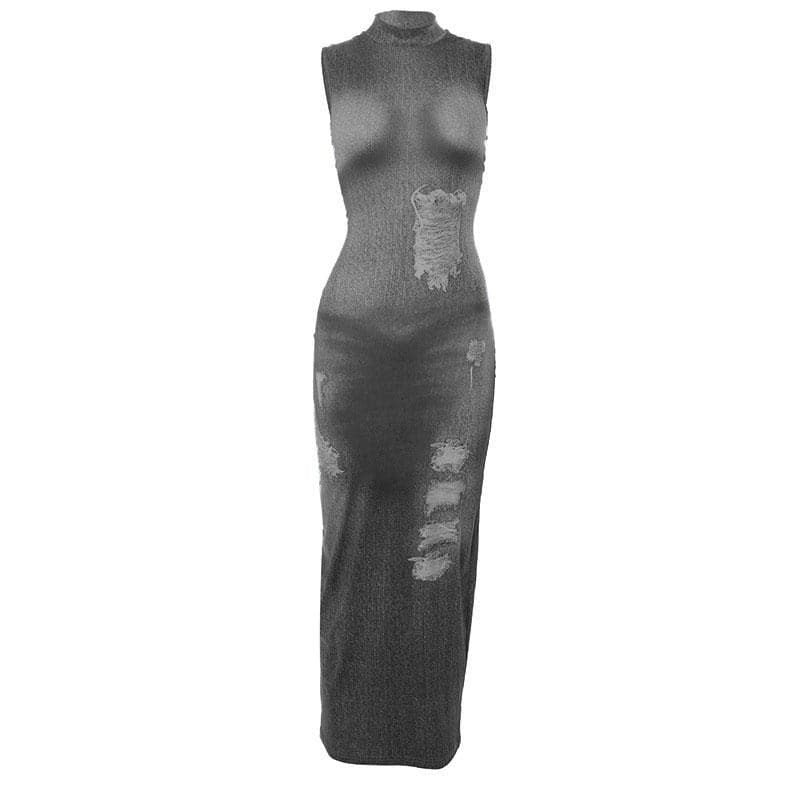 Mock Neck Distressed Faux Denim Print Bodycon Maxi Dress 9