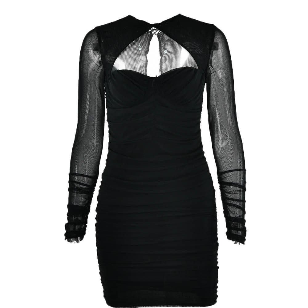 Twist Neck Mesh Sleeve Chest Cutout Ruched Bodycon Mini Dress 3