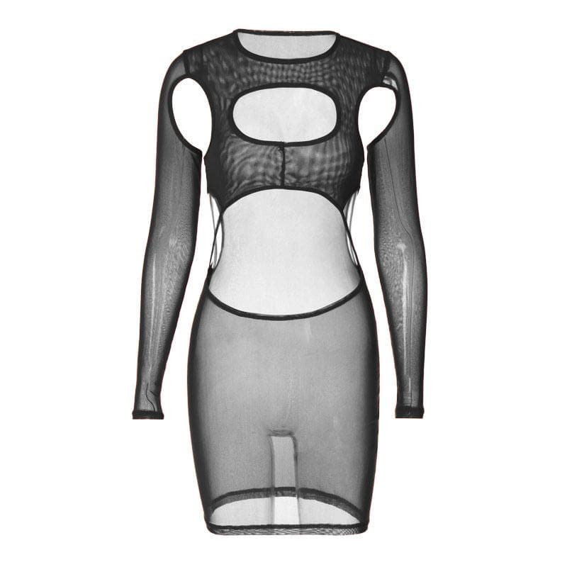 Hollow Out Sheer Mesh High Neck Long Sleeve Cutout Mini Dress 2