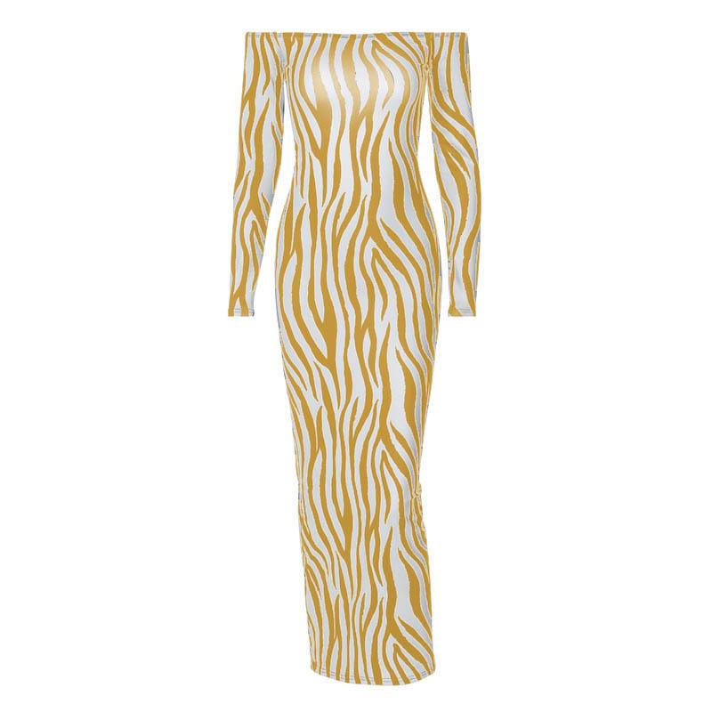 Off Shoulder Long Sleeve Zebra Print Bodycon Maxi Dress 8