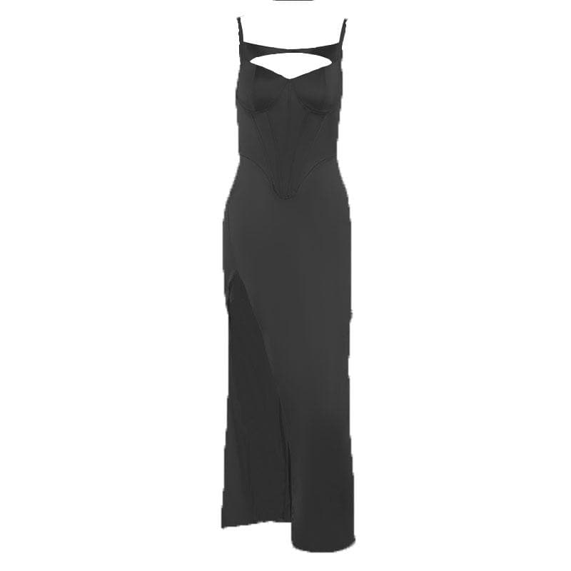 Spaghetti Strap Corset Panel Chest Cutout High Slit Satin Maxi Gown 2