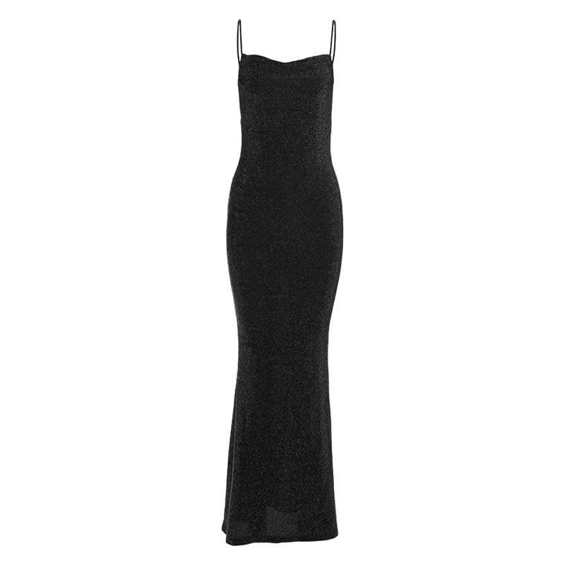 Spaghetti Strap Cowl Neck Glitter Metallic Backless Maxi Dress 7
