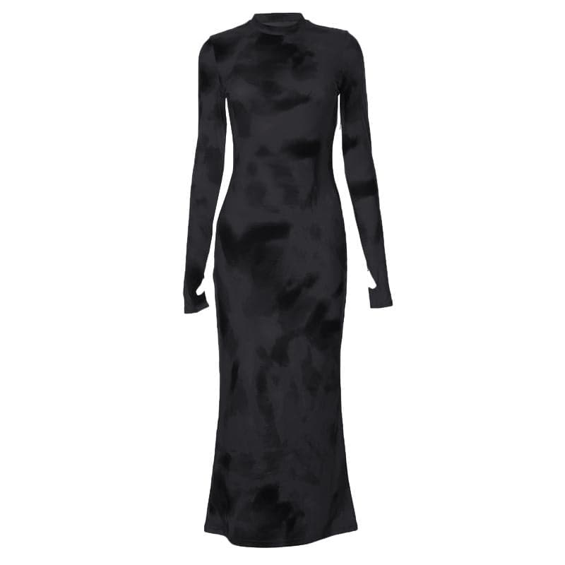 Tie Dye Print Mock Neck Thumbhole Long Sleeve Bodycon Maxi Dress 9