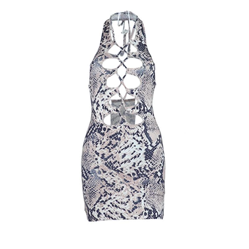 Snakeskin Print Halter Lattice Front Cutout Backless Mini Dress