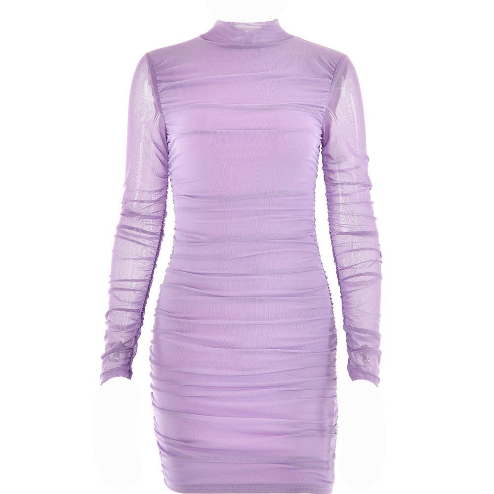 High Neck Zip Front Mesh Ruched Long Sleeve Mini Dress
