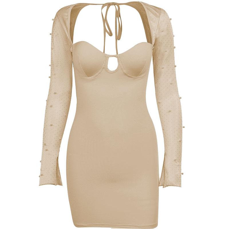 Hollow Out Beaded Mesh Sleeve Sweetheart Keyhole Ruched Zip Mini Dress 9