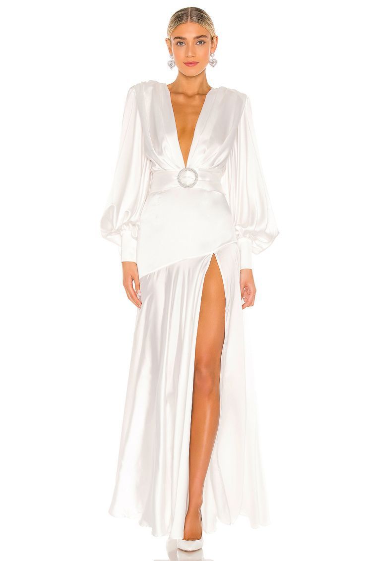 Satin Plunge V-Neck Bishop Sleeve Belted Buckle Waist A-Line Maxi Gown 3