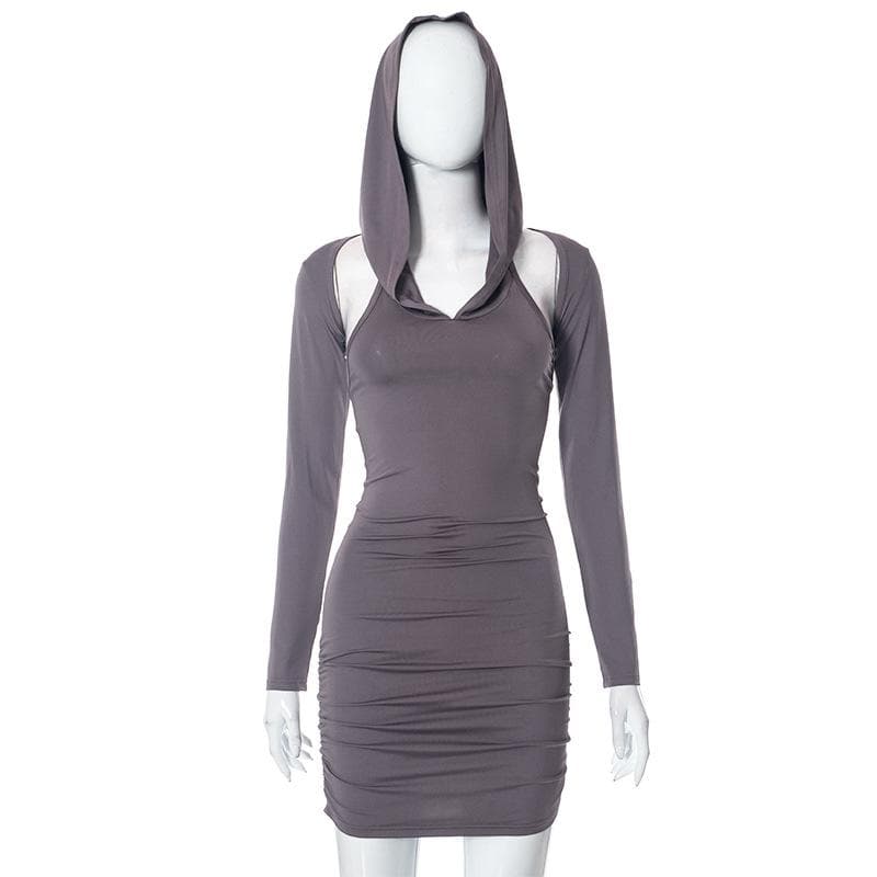 Hooded Cold Shoulder Ruched Long Sleeve Bodycon Mini Dress 3