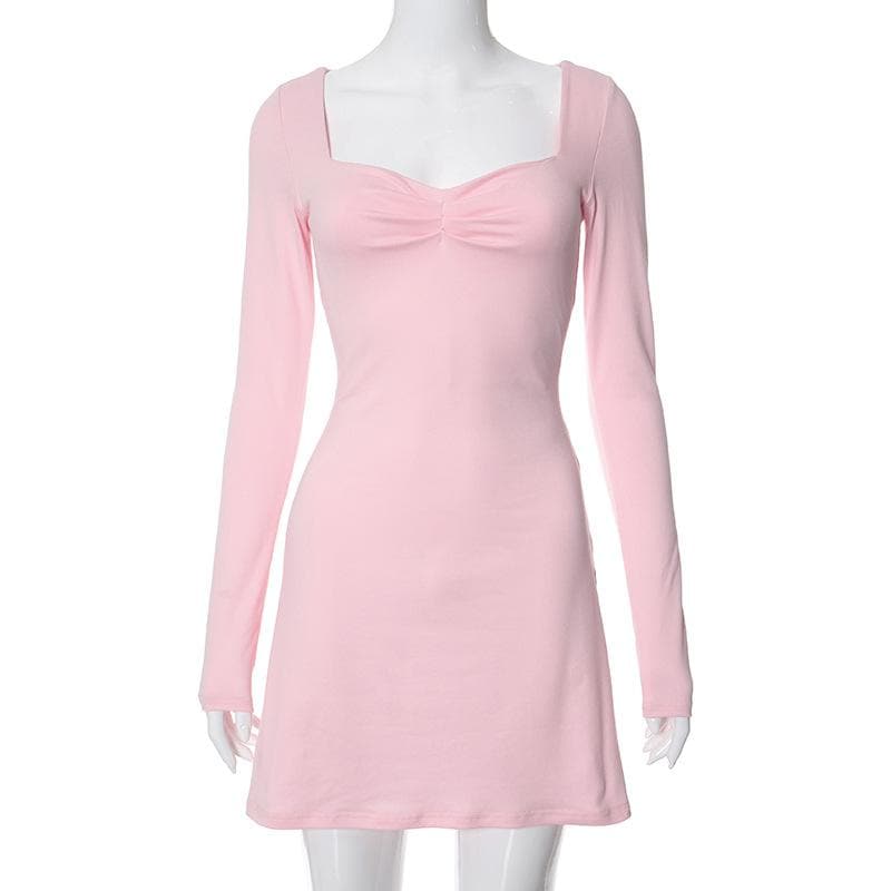 Square Neck Ruched Bust Long Sleeve Bodycon Mini Dress 4