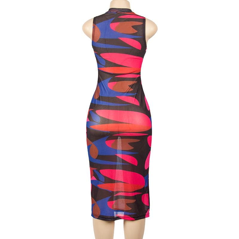 Round Neck Sleeveless Abstract Geometric Print Bodycon Midi Dress 3