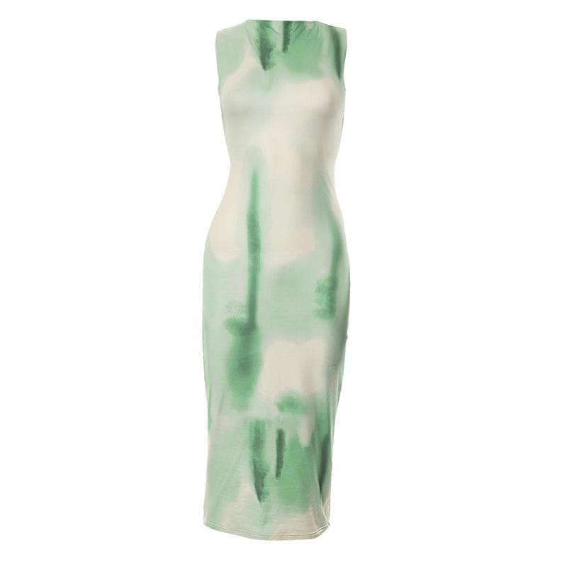 Mock Neck Sleeveless Abstract Tie Dye Bodycon Midi Dress 2