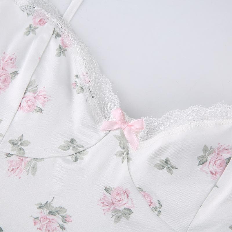 Spaghetti Strap Floral Print Lace Trim Sweetheart Slip Mini Dress 5