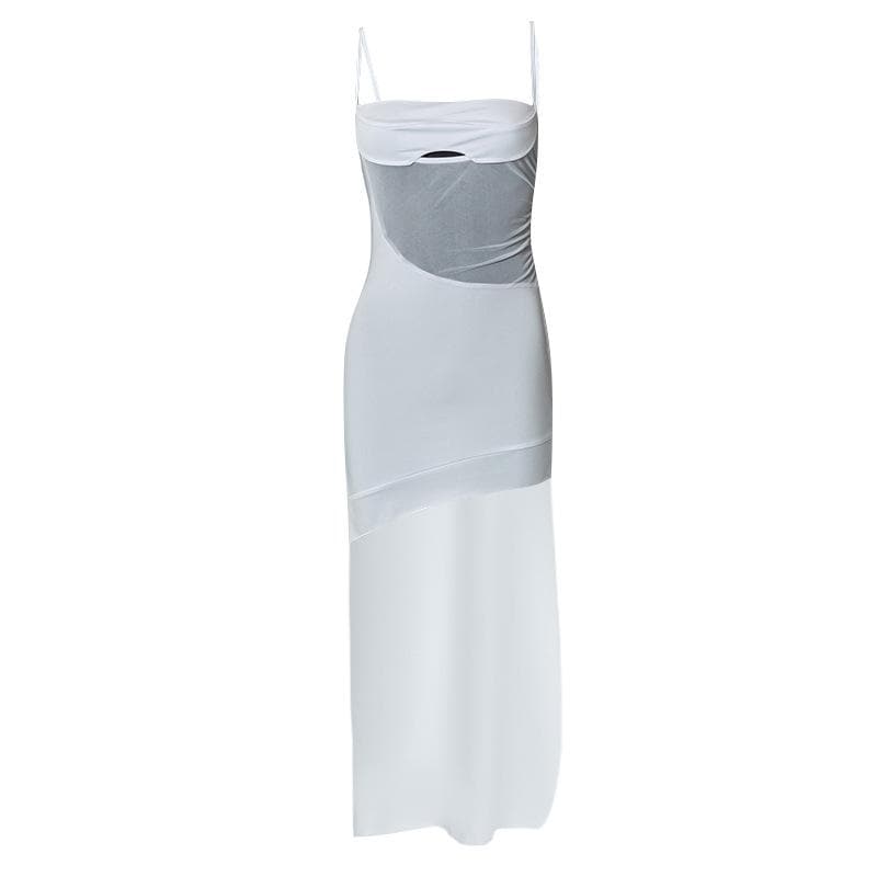 Spaghetti Strap Bust Cutout Hollow Out Mesh Panel Maxi Dress