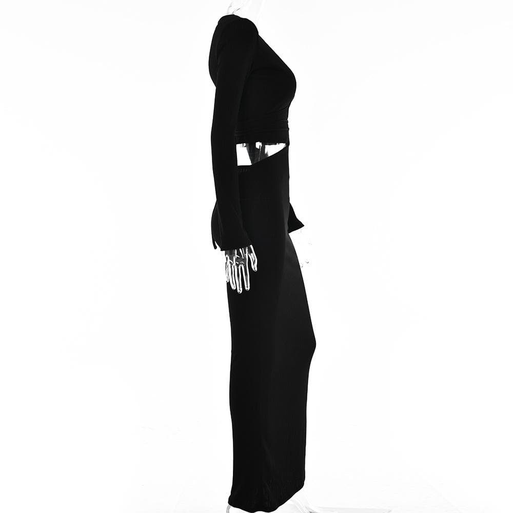 Ribbed Long Sleeve Deep V Neck Waist Cutout Lace Up Maxi Dress 3